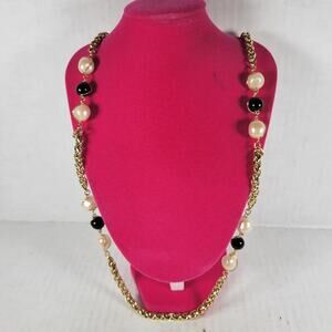 Classic Mobwife Retro Gold Chain Faux Pearl Onyx Beaded 30" Necklace